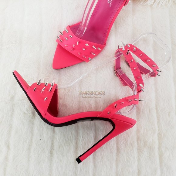 Hot Pink Spike Stud Double Strap High Heel Shoes - Picture 6 of 16